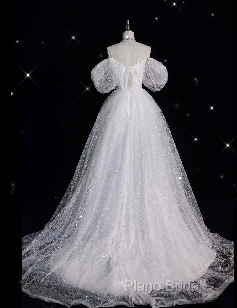 Unique Ball Gown Off The Shoulder Sequin Short Sleeves White Wedding Dresses Brides Dresses