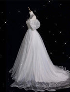 Unique Ball Gown Off The Shoulder Sequin Short Sleeves White Wedding Dresses Brides Dresses