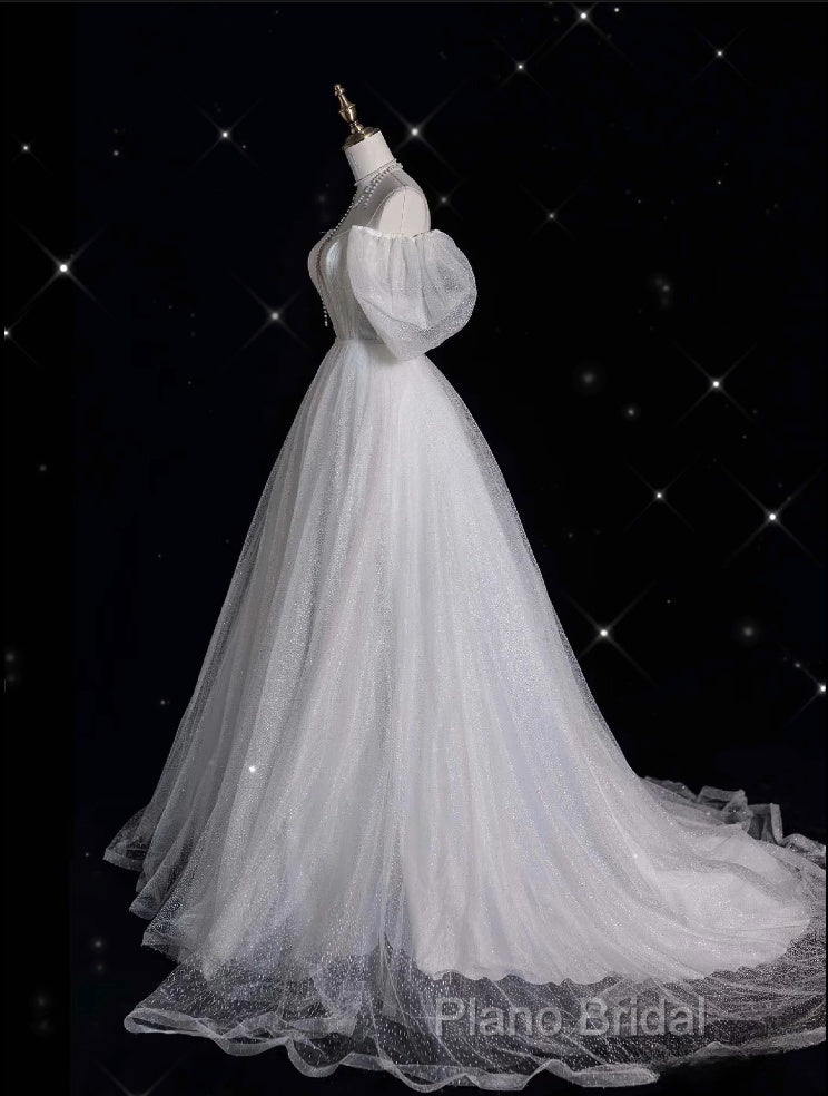 Unique Ball Gown Off The Shoulder Sequin Short Sleeves White Wedding Dresses Brides Dresses