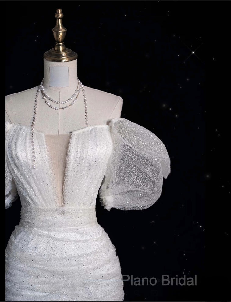 Unique Ball Gown Off The Shoulder Sequin Short Sleeves White Wedding Dresses Brides Dresses