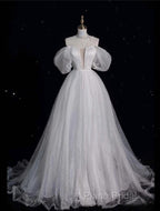 Unique Ball Gown Off The Shoulder Sequin Short Sleeves White Wedding Dresses Brides Dresses