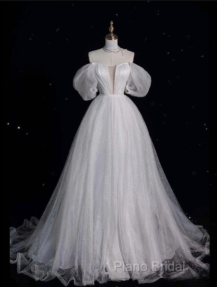 Unique Ball Gown Off The Shoulder Sequin Short Sleeves White Wedding Dresses Brides Dresses