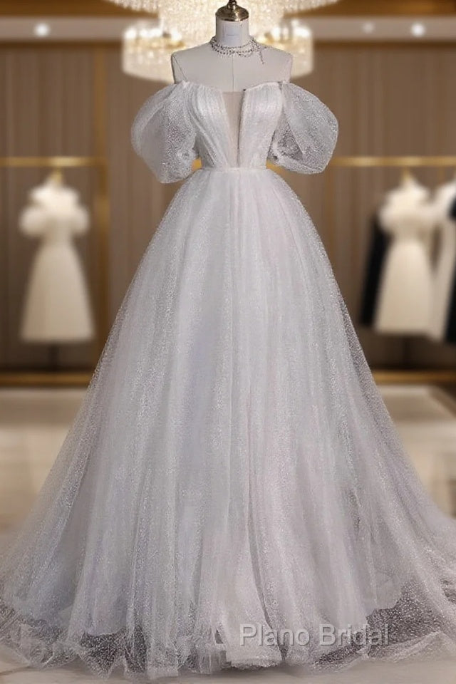Unique Ball Gown Off The Shoulder Sequin Short Sleeves White Wedding Dresses Brides Dresses Main image