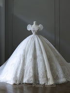 Unique Ball Gown Square Neckline Sequin Short Sleeves Wedding Dresses Brides Dresses