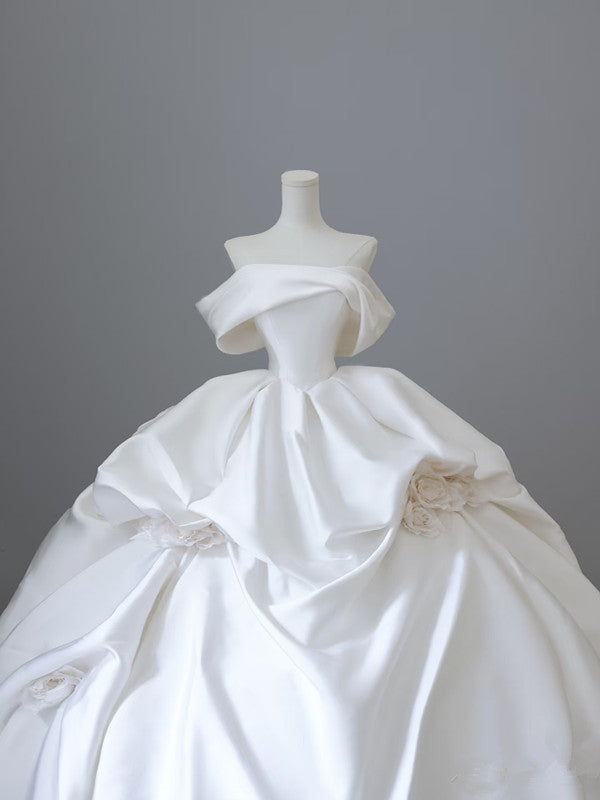 Unique Ball Gown Strapless Off The Shoulder Satin Long Wedding Dresses Brides Dresses