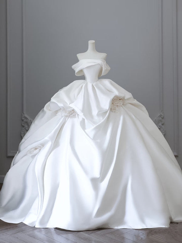 Unique Ball Gown Strapless Off The Shoulder Satin Long Wedding Dresses Brides Dresses