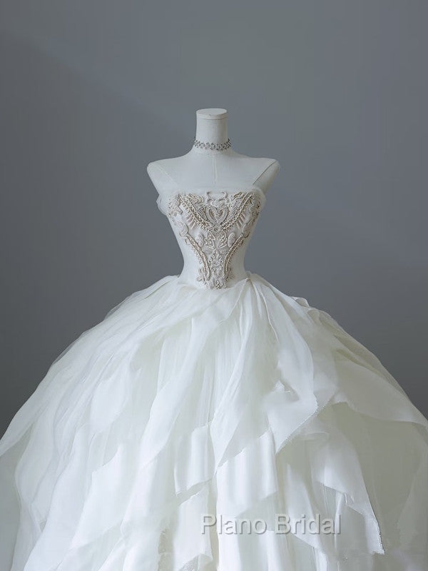 Unique Ball Gown Strapless Tulle White Long Wedding Dresses Brides Dresses