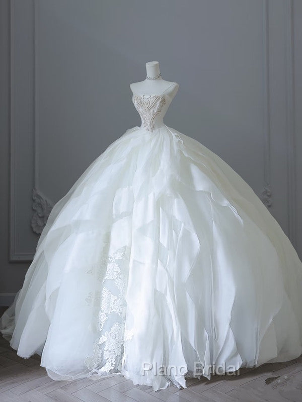 Unique Ball Gown Strapless Tulle White Long Wedding Dresses Brides Dresses