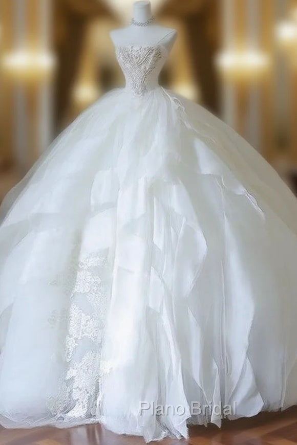 Unique Ball Gown Strapless Tulle White Long Wedding Dresses Brides Dresses