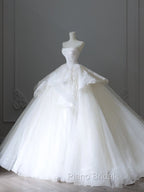 Unique Ball Gown Strapless White Lace Satin Long Wedding Dresses Brides Dresses