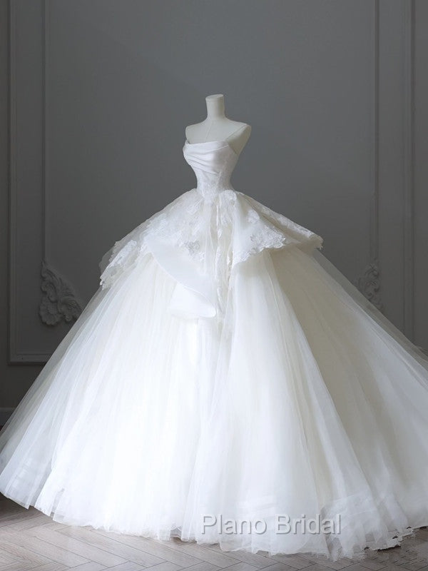 Unique Ball Gown Strapless White Lace Satin Long Wedding Dresses Brides Dresses