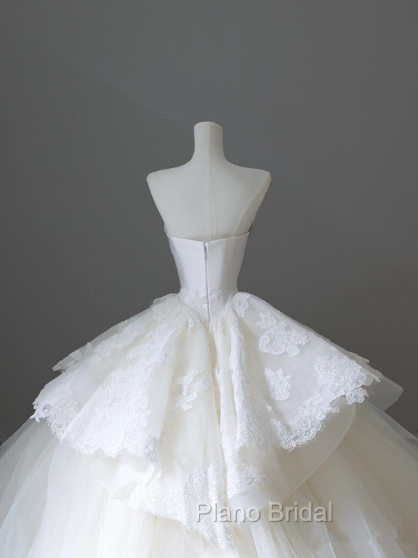 Unique Ball Gown Strapless White Lace Satin Long Wedding Dresses Brides Dresses