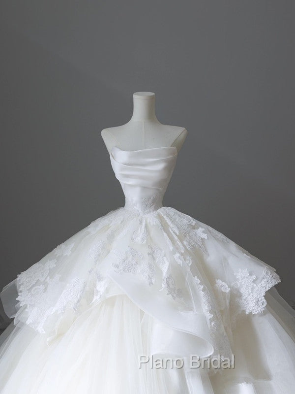 Unique Ball Gown Strapless White Lace Satin Long Wedding Dresses Brides Dresses