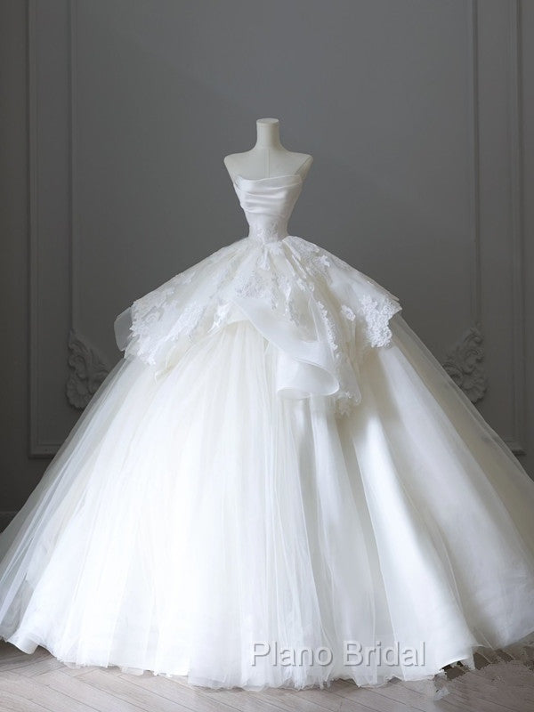 Unique Ball Gown Strapless White Lace Satin Long Wedding Dresses Brides Dresses