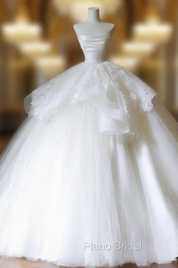 Unique Ball Gown Strapless White Lace Satin Long Wedding Dresses Brides Dresses Main image