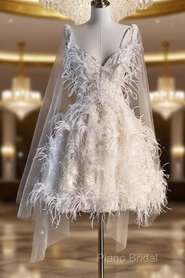 Unique Ball Gown Straps Sequin Short White Wedding Dresses Brides Dresses