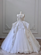 Unique Ball Gown Straps Tulle White Sequin Lace Wedding Dresses Brides Dresses