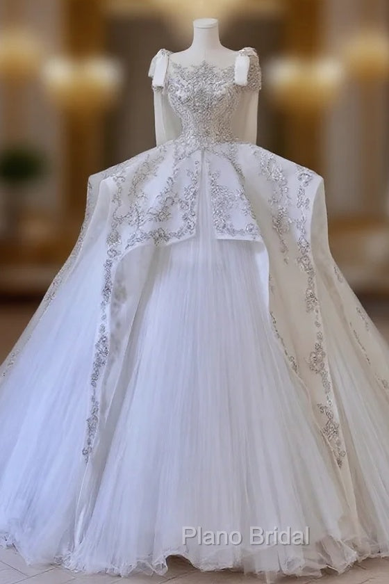 Unique Ball Gown Straps Tulle White Sequin Lace Wedding Dresses Brides Dresses Main image