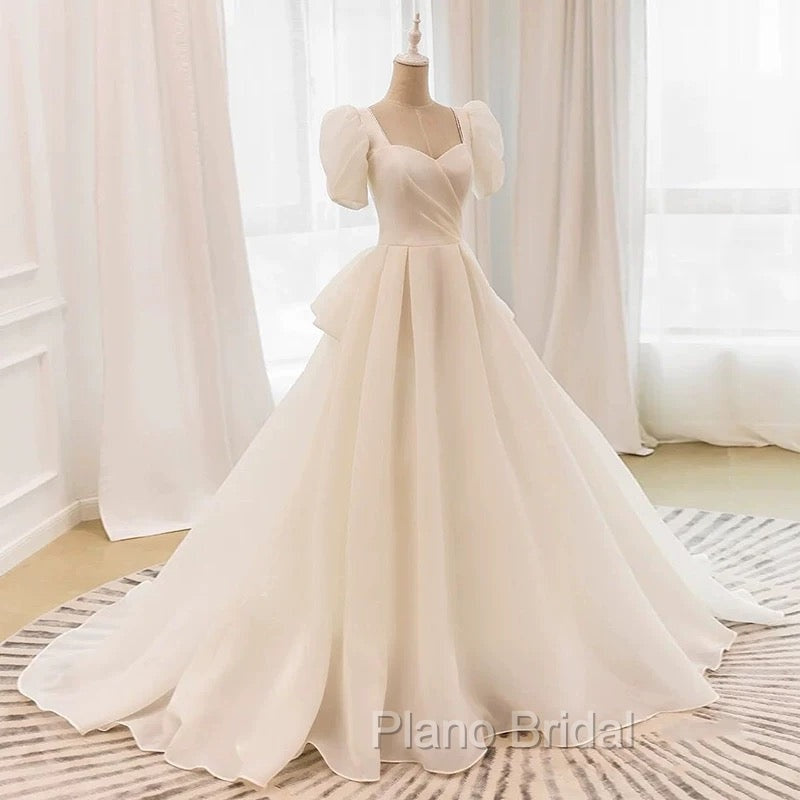 Unique Ball Gown Sweetheart Short Sleeves Long White Wedding Dresses
