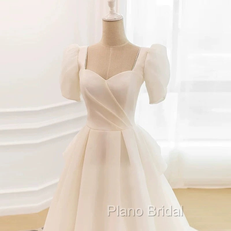 Unique Ball Gown Sweetheart Short Sleeves Long White Wedding Dresses