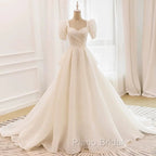 Unique Ball Gown Sweetheart Short Sleeves Long White Wedding Dresses