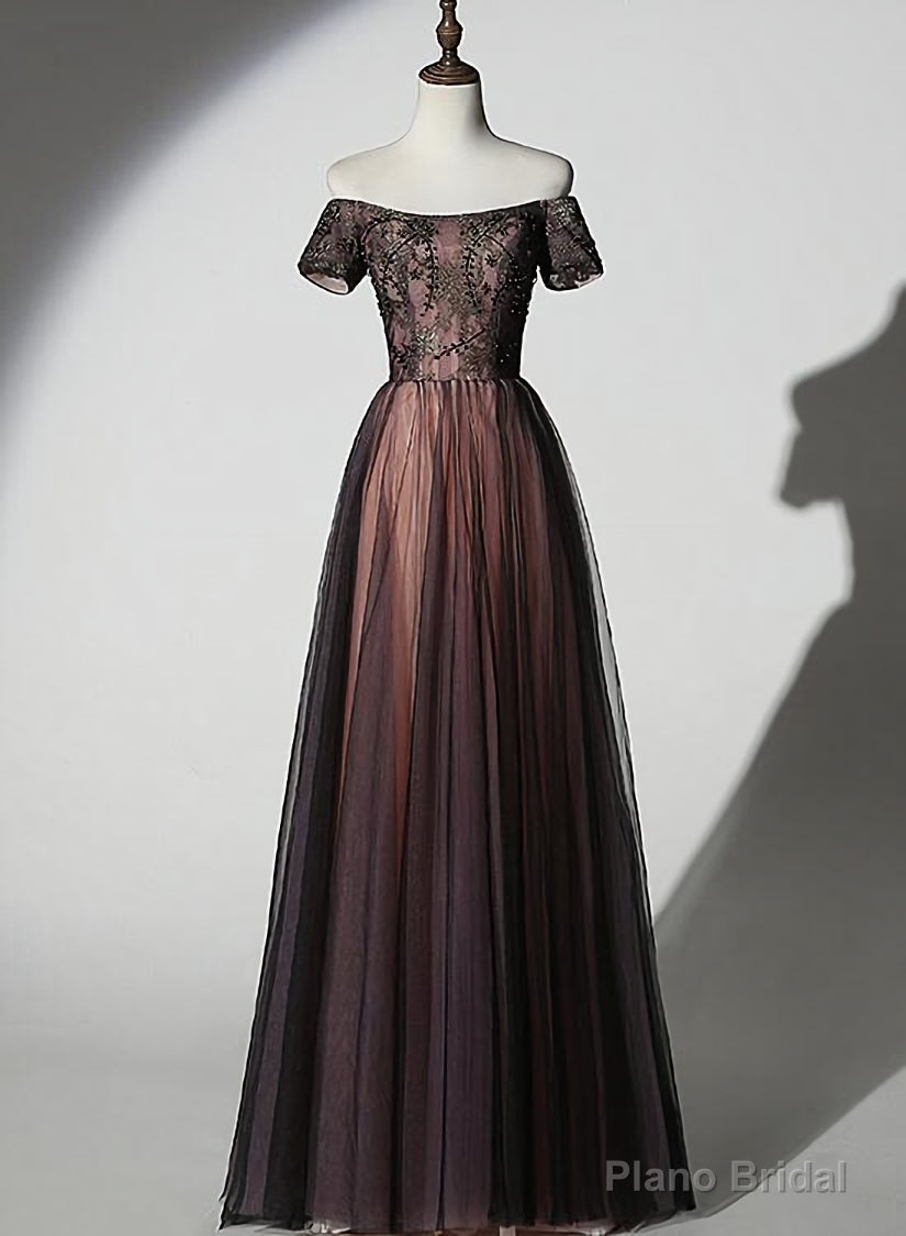 Unique Black and Champagne Tulle Long Party Dress, Senior Prom Dress Secondary image