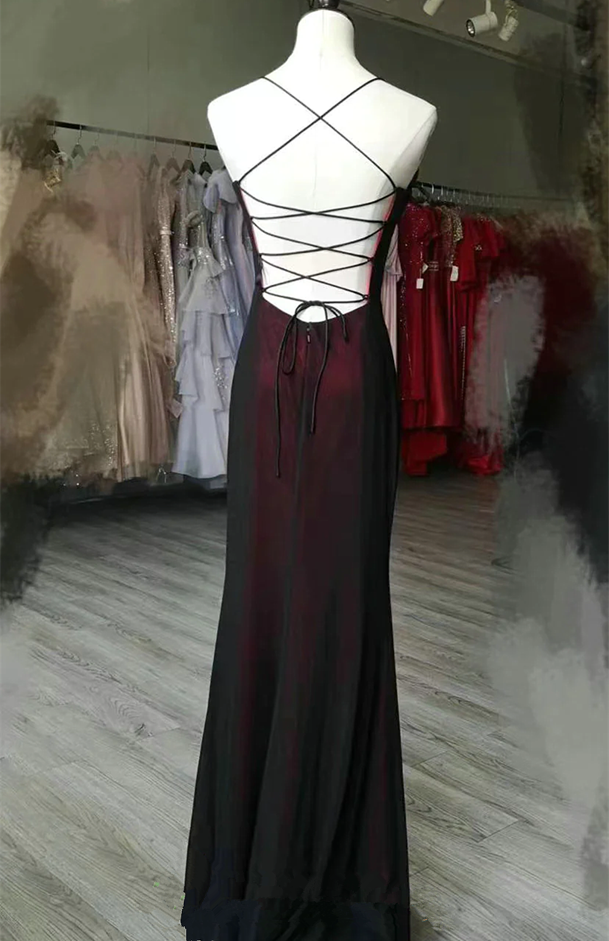 Unique Black And Red Scoop Straps Long Party Dresses, Black And Red Formal Evening Dresses Secondary image