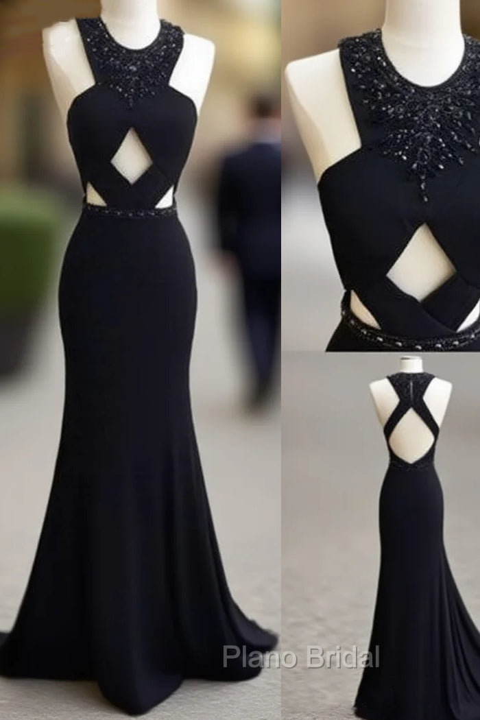 Unique Black Mermaid Long Formal Prom Dresses, Black Formal Dresses For Teens Main image