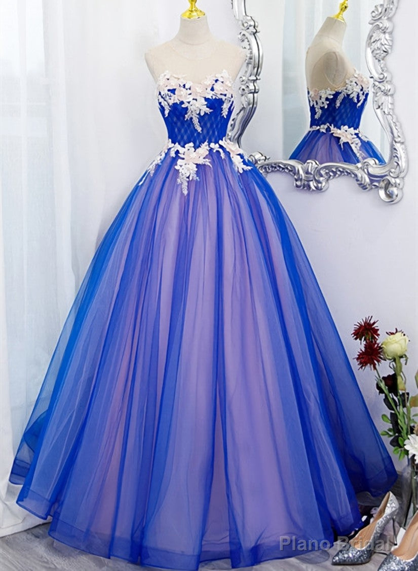 Unique Blue and Pink Formal Gown with Lace, Sweetheart Blue Floor Length Prom Dress