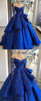 Unique Blue Lace Long Formal Prom Dresses, Blue Long Formal Evening Dresses