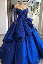 Unique Blue Lace Long Formal Prom Dresses, Blue Long Formal Evening Dresses