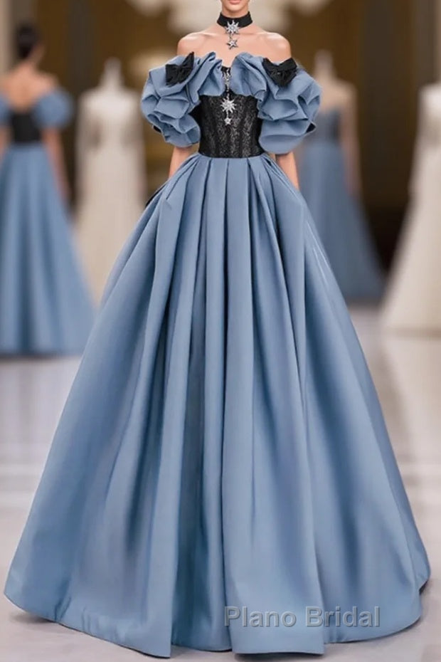 Unique Blue Formal Prom Dress Off Shoulder Satin Lace Long Evening Dresses Main image