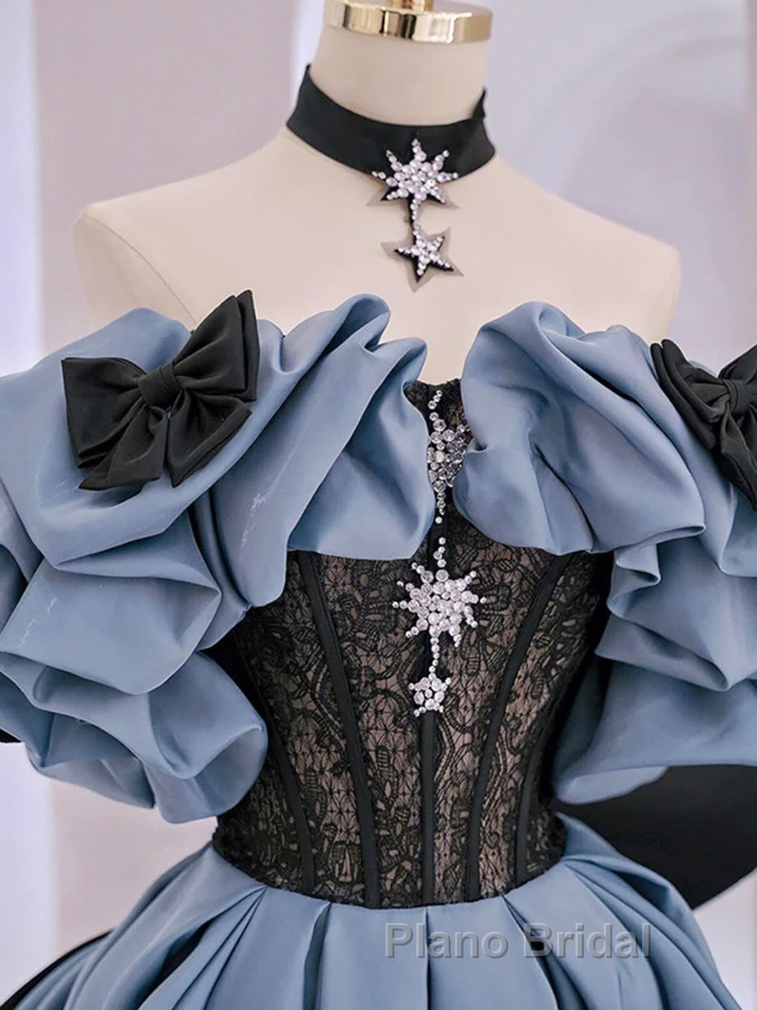 Unique Blue Formal Prom Dress Off Shoulder Satin Lace Long Evening Dresses Secondary image