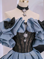 Unique Blue Formal Prom Dress Off Shoulder Satin Lace Long Evening Dresses