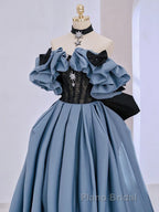Unique Blue Formal Prom Dress Off Shoulder Satin Lace Long Evening Dresses
