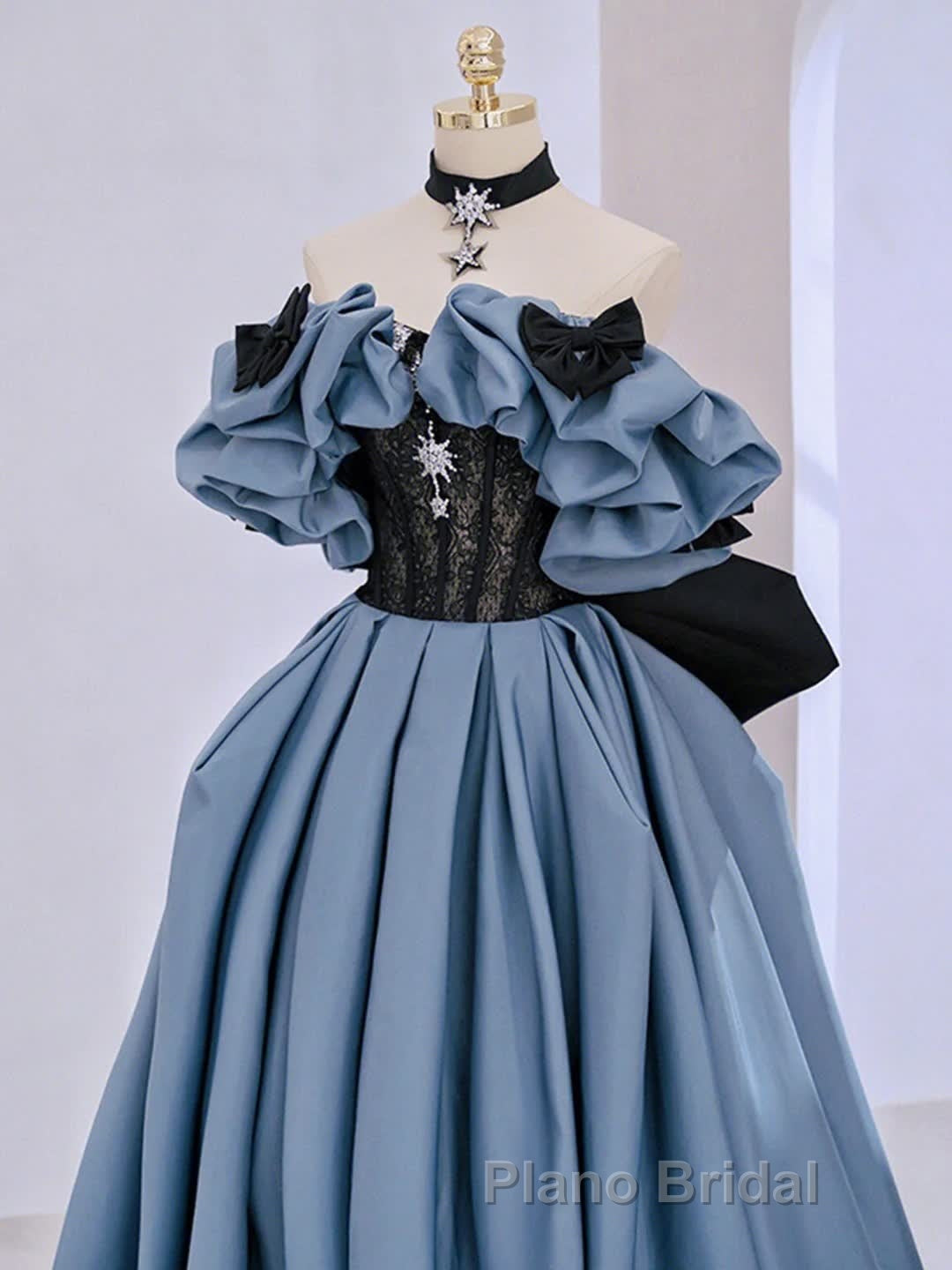 Unique Blue Formal Prom Dress Off Shoulder Satin Lace Long Evening Dresses