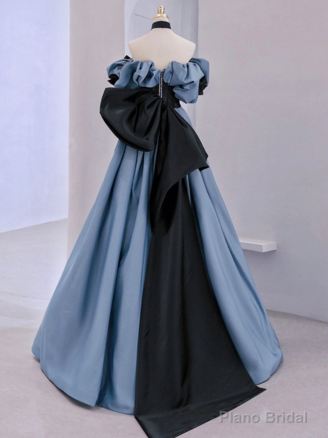 Unique Blue Satin Lace Long Prom Dress,Off Shoulder Evening Dresses Main image
