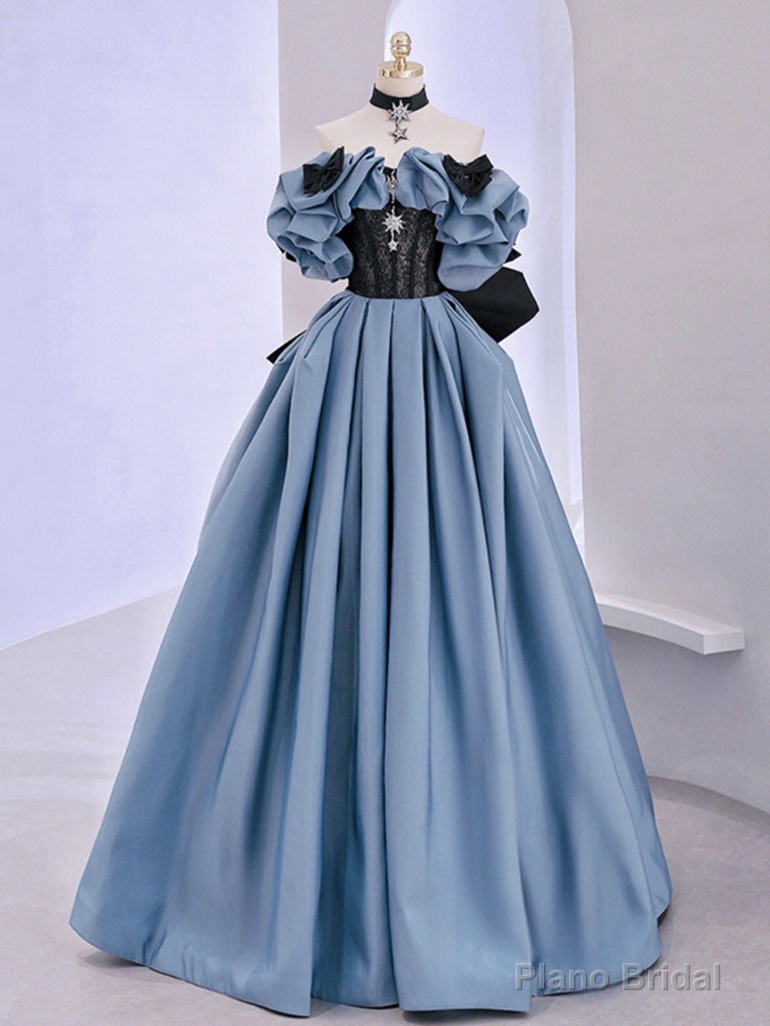 Unique Blue Satin Lace Long Prom Dress,Off Shoulder Evening Dresses Secondary image