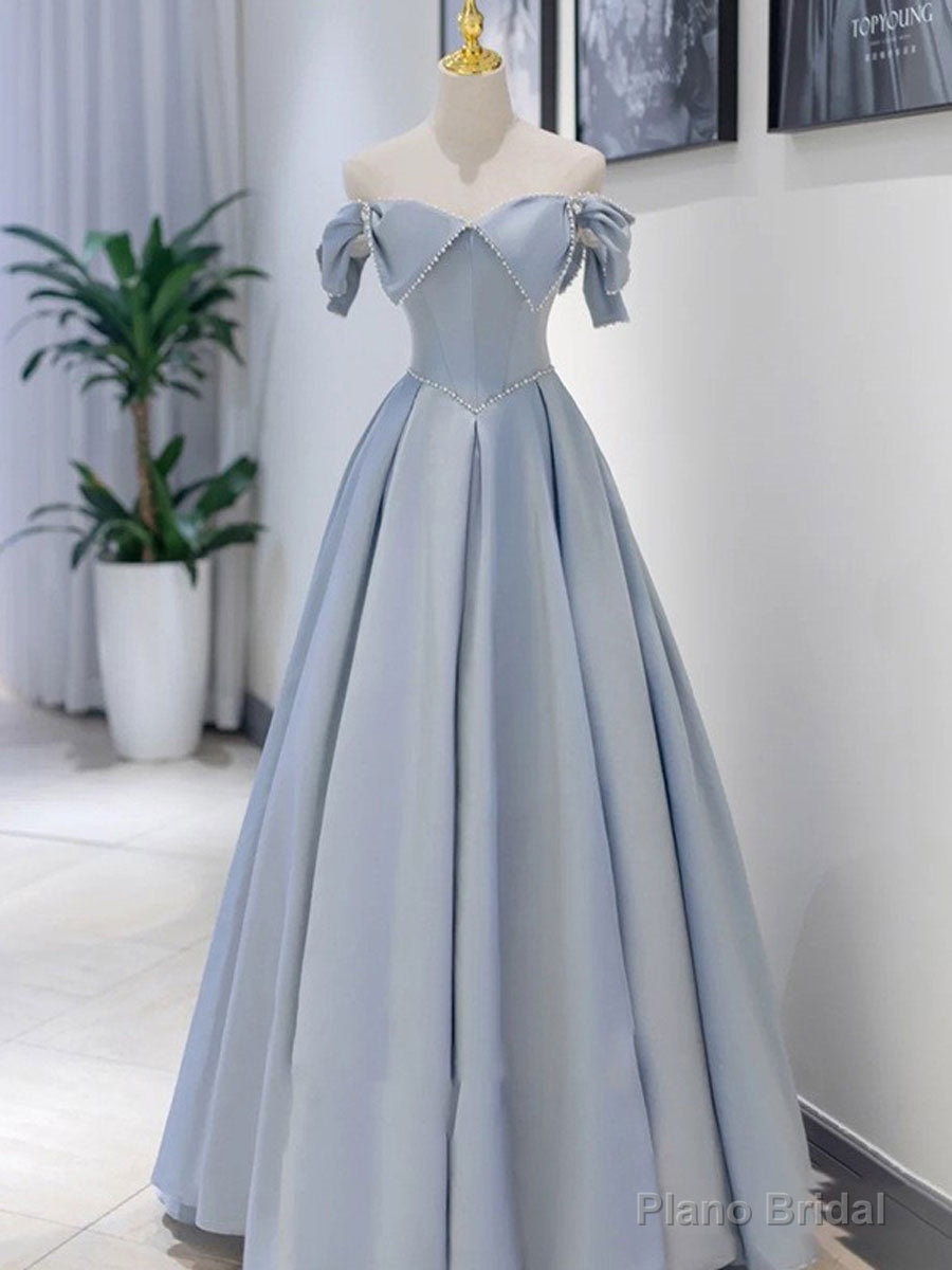 Unique Blue Satin Long Prom Dress, A line Blue Formal Graduation Party Dress Main image