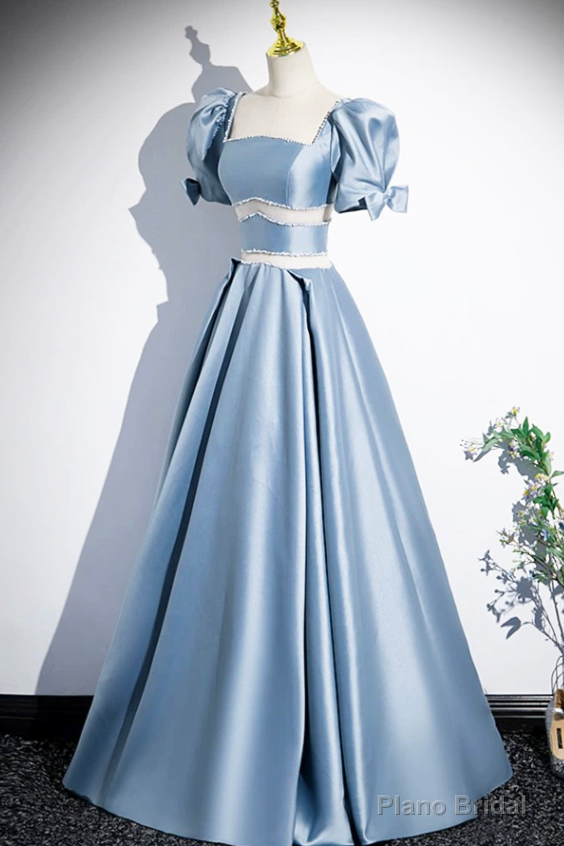 Unique Blue Satin Long Prom Dress, A-Line Short Sleeve Blue Evening Dress Main image
