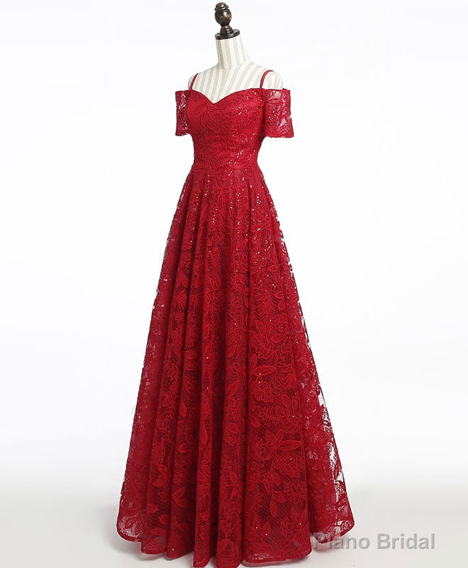 Unique Burgundy Lace Long Prom Dress, Burgundy Evening Dress Main image