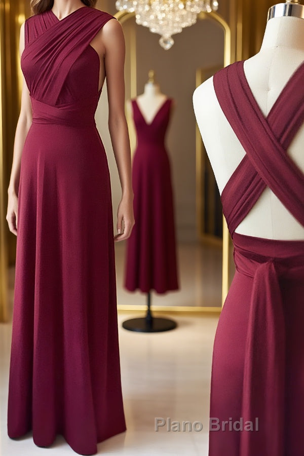 Unique Burgundy Long Formal Prom Dresses with Cross Back, Burgundy Formal Graduation Evening Dresses, Burgundy Bridesmaid Dresses