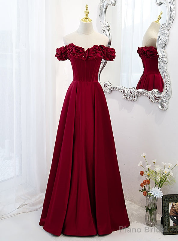 Unique Burgundy Satin Off the Shoulder Prom Dress Main image