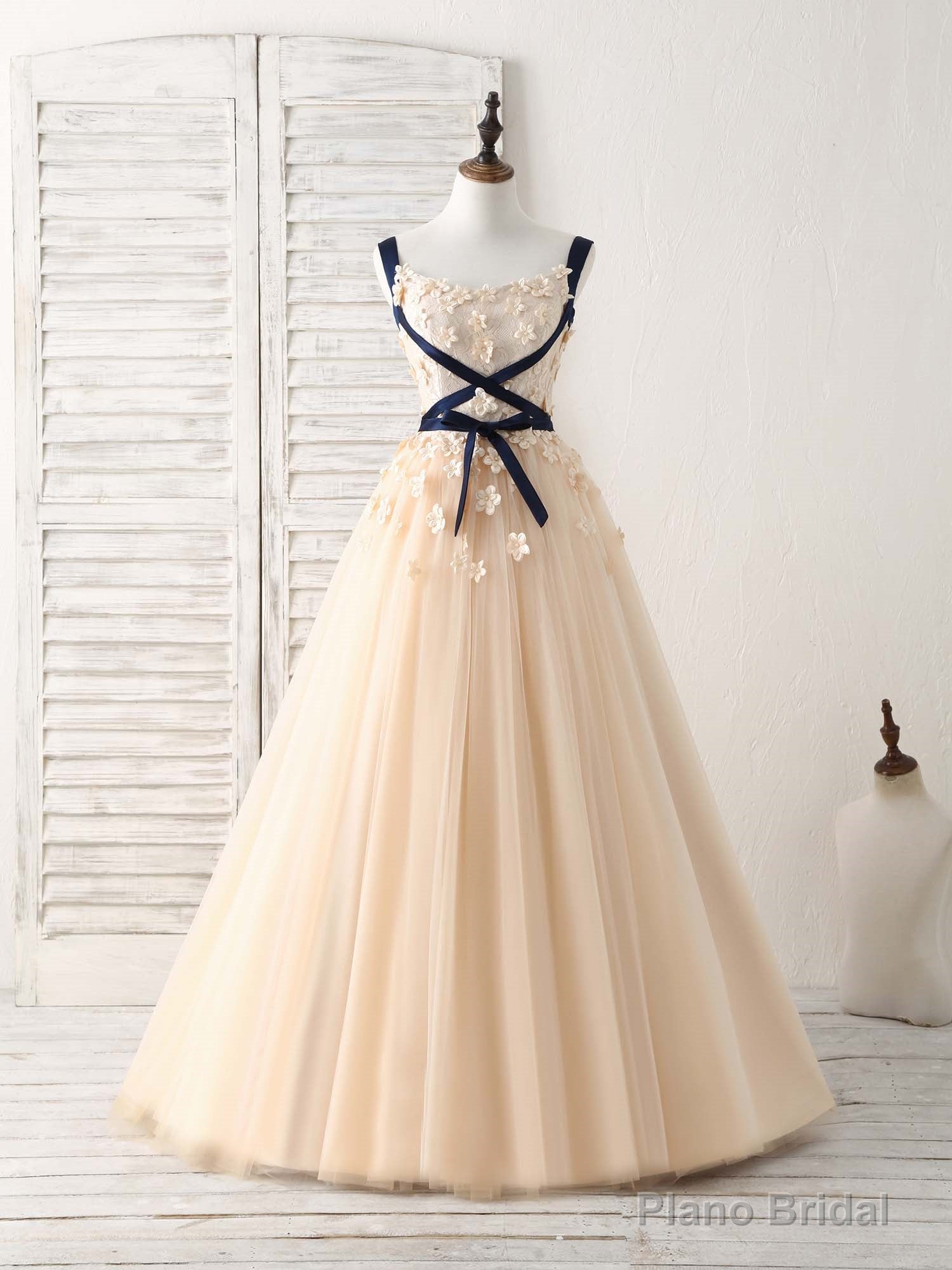 Unique Champagne Lace Tulle Long Prom Dress, Champagne Evening Secondary image