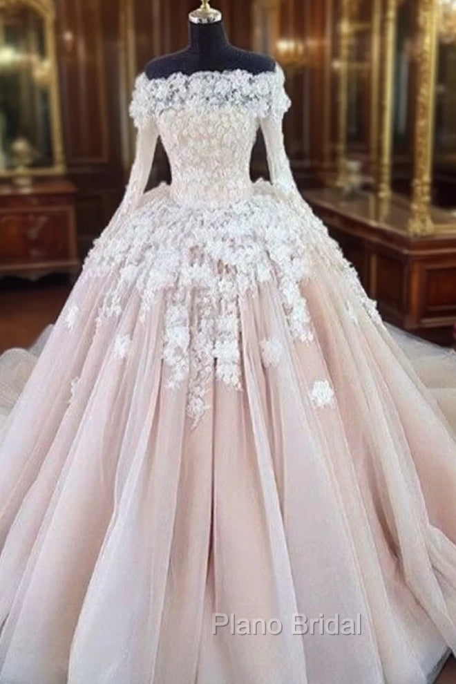 Unique Champagne Lace Tulle Long Wedding Dresses, Bridal Dresses