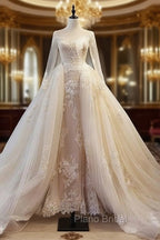 Unique Champagne Tulle Lace Long Formal Prom Dresses, Champagne Wedding Dresses