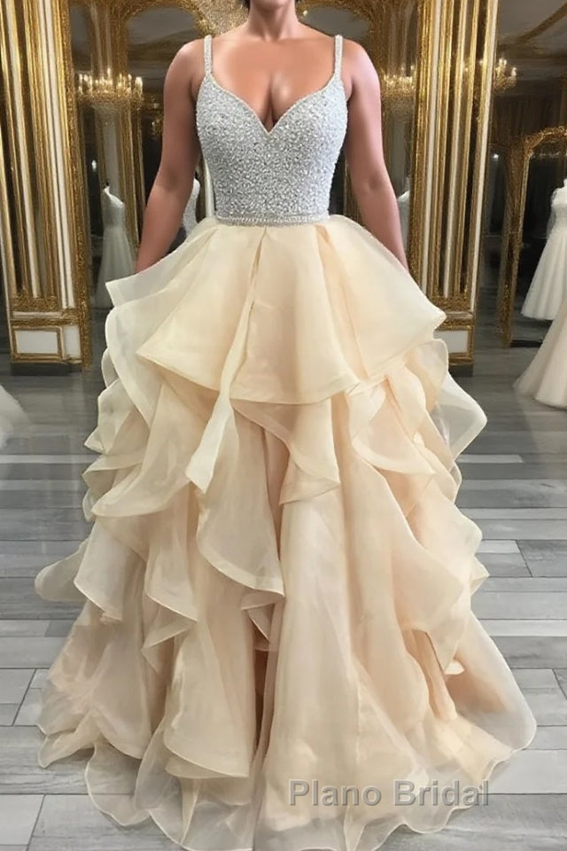 Unique champagne tulle sequin long Formal Prom dress, champagne evening dress Main image