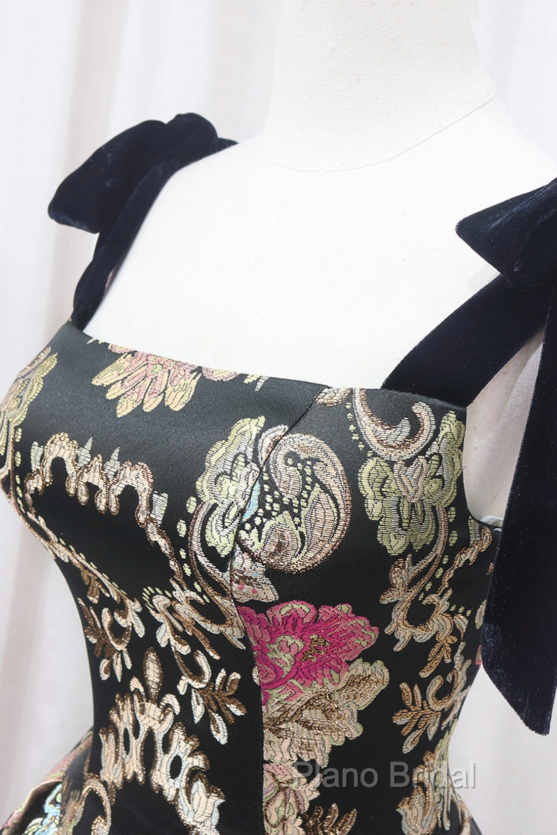 Unique Floral Floor Length Formal Prom Dresses, A-Line Black Formal Dresses