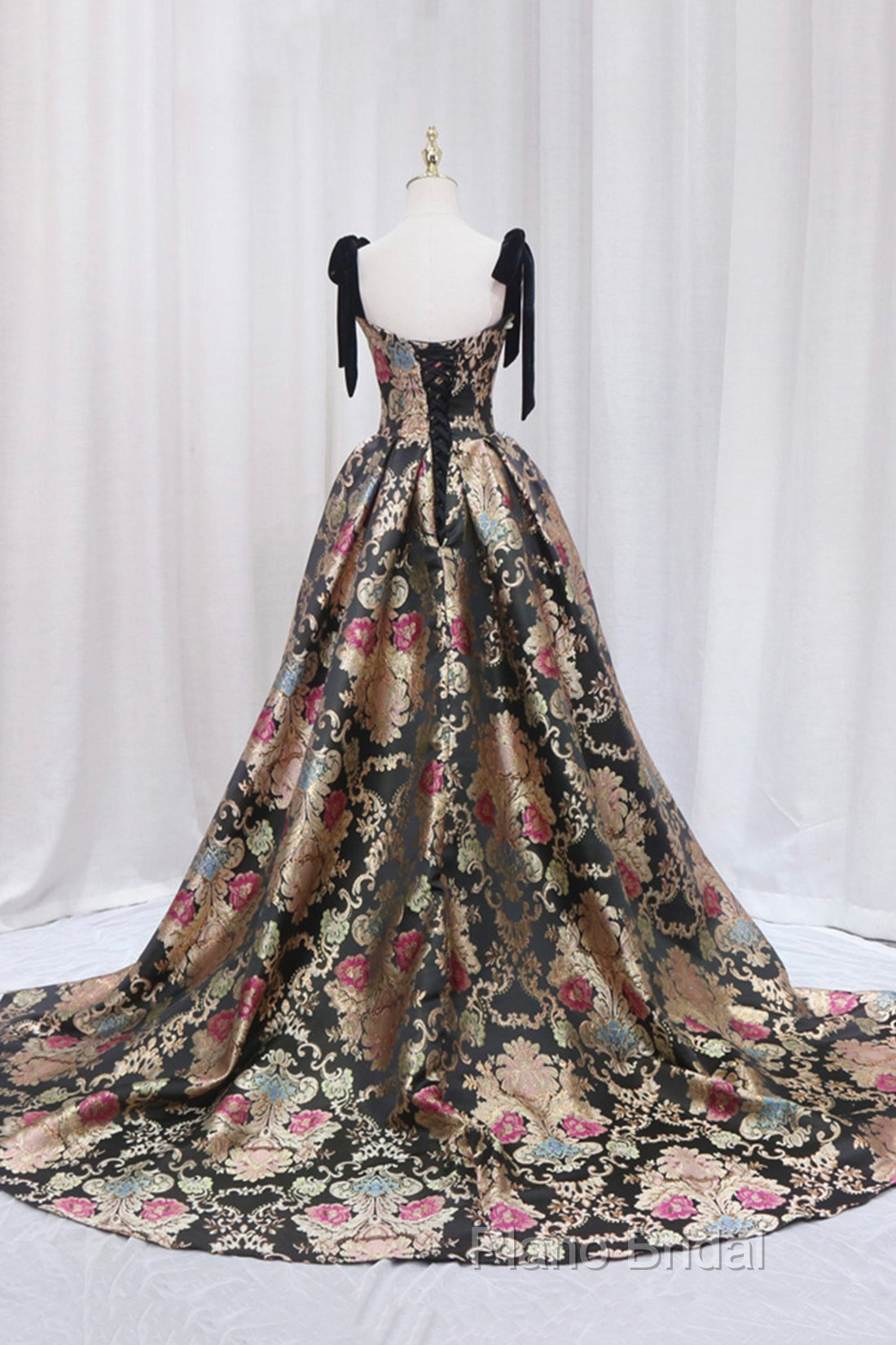 Unique Floral Floor Length Formal Prom Dresses, A-Line Black Formal Dresses