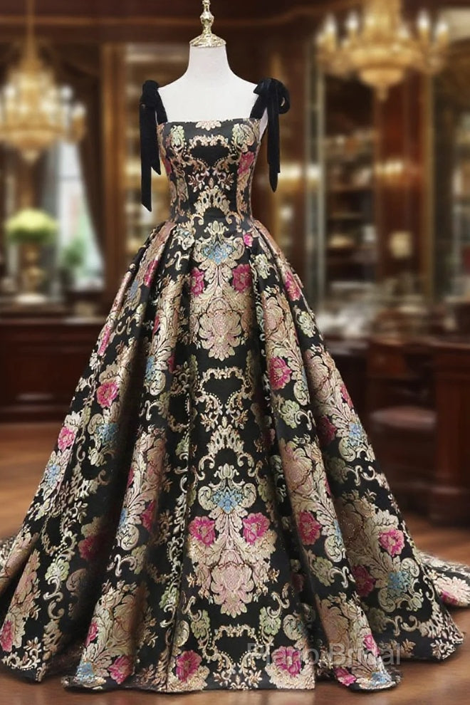 Unique Floral Floor Length Formal Prom Dresses, A-Line Black Formal Dresses Main image